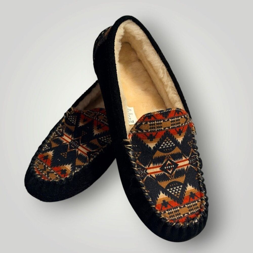 PENDLETON Shearling Womens Slip On Leather Slipper US SIZE 11 Genuine fur Black